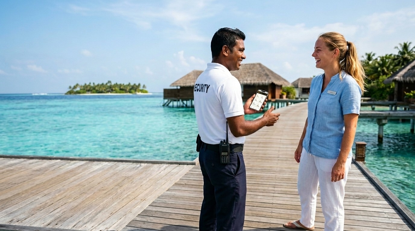 A resort security officer chatting with a colleague on the jetty, with Nexus open on his phone